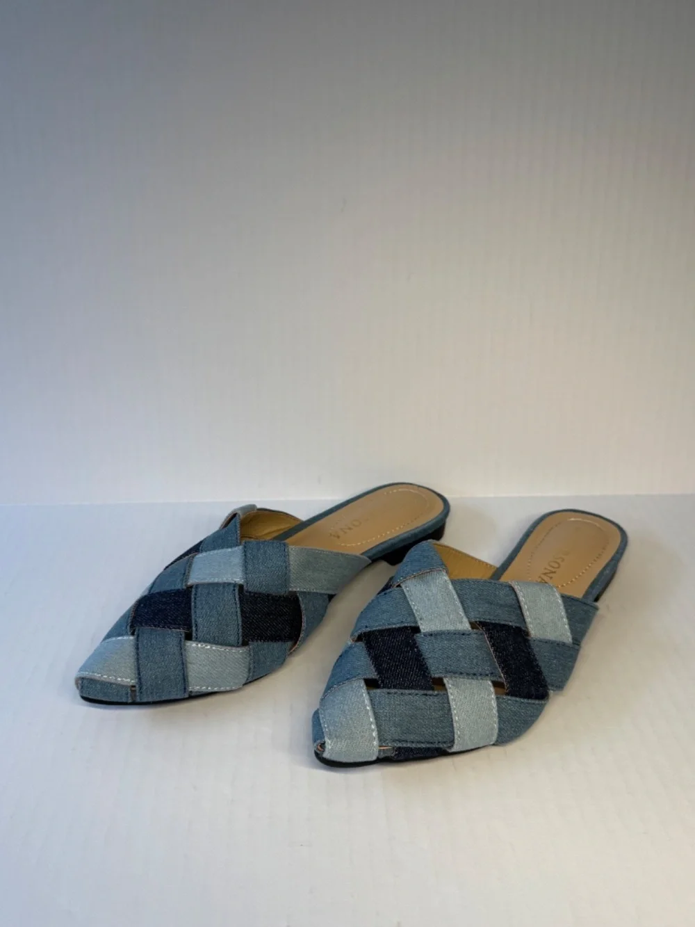 Woven Denim Mule Slides | Pointed Toe Flats | Size 6 | Blue Patchwork